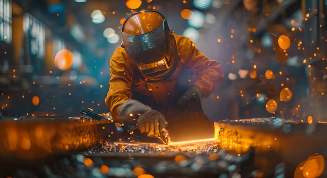 A skilled welder in protective gear meticulously working on a steel structure