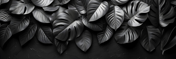 Template banner dark leaves of tropical exotic plants background jungle with palm trees and lianas,
A black and white image of leaves of a plant natural background tropical leaves


