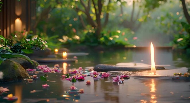 A serene natural spa setting, with a focus on a tranquil water feature surrounded by lush greenery