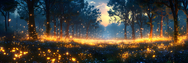 Deep forest. fantasy backdrop. conceprealistic illustration. video game digital ,
Dark blue fantasy forest fairytale with abstract fireflies bokeh background. 3d rendered composition. 

