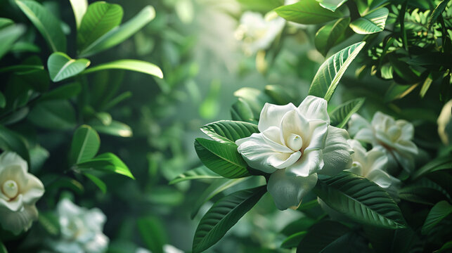 Gardenia amidst lush botanical surroundings. Utilize cinematic framing to showcase the plant's natural and realistic colors