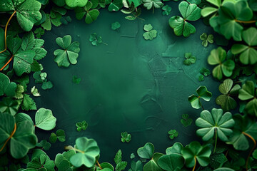 a green frame of shamrock leaves,shamrocks green background, green four clover on green background , empty space for St. Patrick's Day, banner