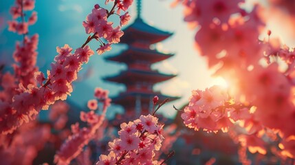 A serene scene in Japan as cherry blossoms bloom, framing a traditional pagoda - obrazy, fototapety, plakaty
