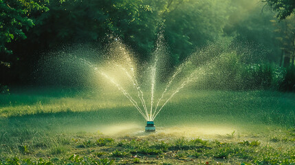Automatic garden and grass water sprinkler system technology. - obrazy, fototapety, plakaty