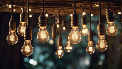 Several lit light bulbs hang from wires in front of a dark blue background with white lights. There are also several lit candles on a wooden table in front of the bulbs. - obrazy, fototapety, plakaty