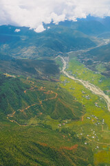 Aerial view of the HImalaya high mounrain range in Paro valley Bhutan
