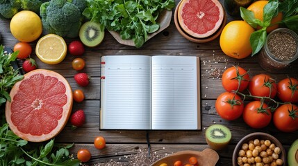 An open planner surrounded by a variety of colorful fresh fruits and vegetables on a wooden table for meal planning.