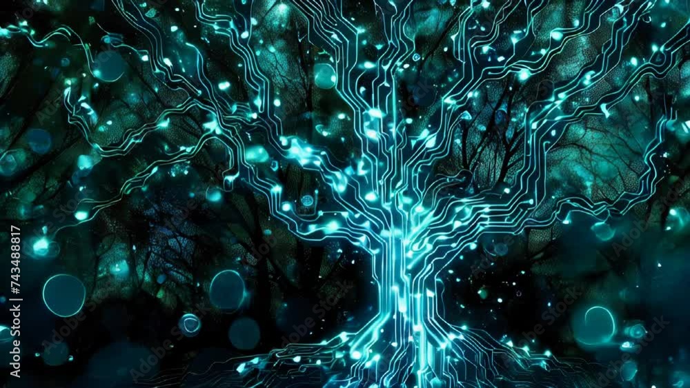Poster creative stylized tree made of circuit lines. nature and electronics fusion concept.