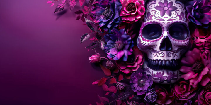 a sugar skull with purple flowers on a purple background,banner