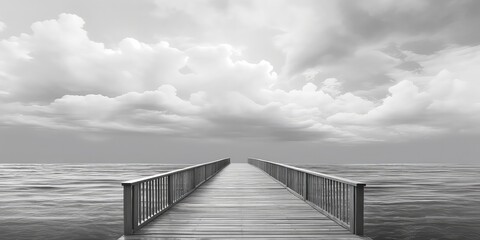 grayscale image captures the serenity of a pier extending into the sea, surrounded by lush green islands under a cloudy sky. The muted tones evoke a sense of calm and tranquility, while 