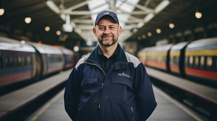 Smiling Train Station Worker in Uniform, Friendly Public Transport Employee, Urban Background