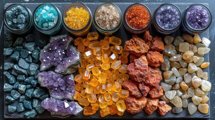 A neatly organized display of various colorful crystals and stones, some in jars, on a dark slate background.