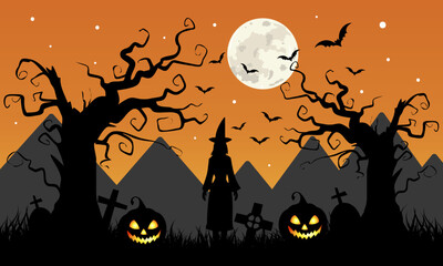 Halloween silhouette background with pumpkin and witch, Vector illustration style.