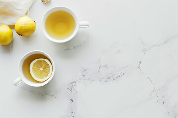 Herbal tea breakfast with lemon and ginger on a white marble surface flat lay top view background. - Powered by Adobe