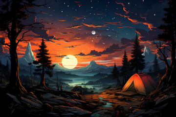 Night Camping in the Forest with a Bonfire and a Beautiful Starry Sky. Landscape Illustration