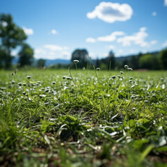 Prairie à la campagne, avec herbe et petites fleurs, ciel bleu