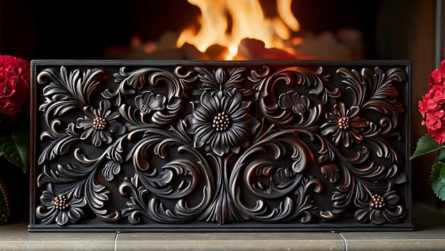 A closeup of a cast iron fireback showcasing its detailed design and adding a touch of vintage charm to the fireplace.