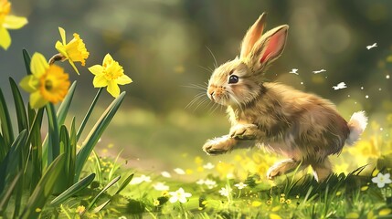 A joyous Easter bunny hopping alongside a trail of blooming daffodils
