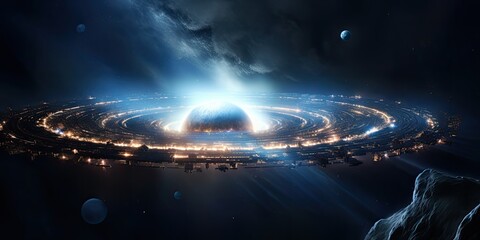 expanse of deep space, a glowing spaceship orbits a mysterious sphere, casting an ethereal light against the darkness.