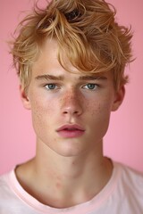 Retrato close up de un hombre joven guapo de pelo rubio vistiendo una playera en un fondo rosa - obrazy, fototapety, plakaty