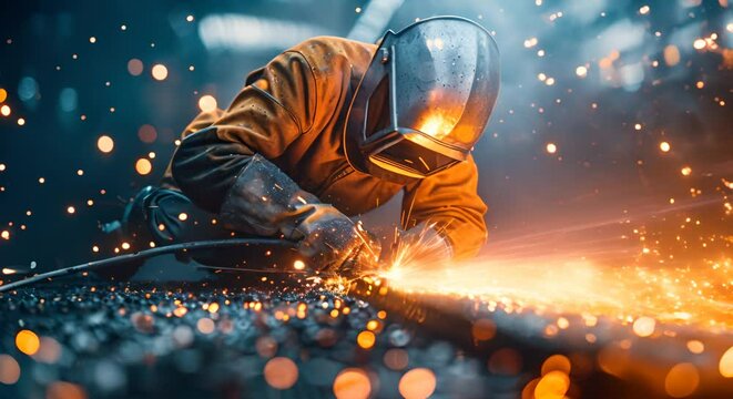 A skilled welder in protective gear meticulously working on a steel structure