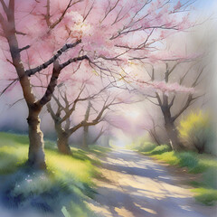 Painting of a morning cherry blossom landscape.