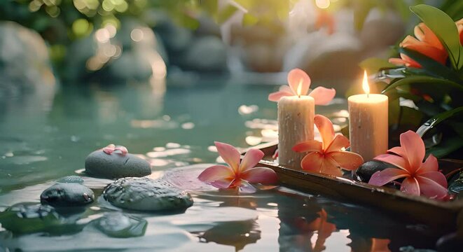 A wooden tray holding scented candles, smooth river stones