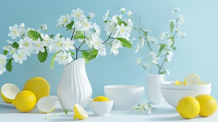Beautiful white flowers in white ceramic vase, lemons and bowls on table on blue background