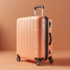 peach color plastic travel suitcase isolated on peach background