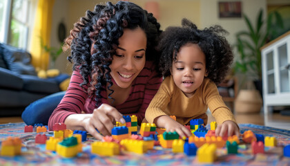 mother and child playing with lego blocks - obrazy, fototapety, plakaty