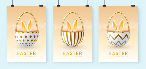 Set of Happy Easter holiday greeting cards, covers or banners with golden open egg and Easter rabbit ears inside. Bunny in basket. Vector illustration