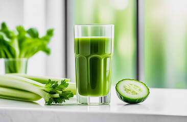 healthy eating, food, dieting and vegetarian concept - glass jug or mug with green juice, fruits and vegetables on white table