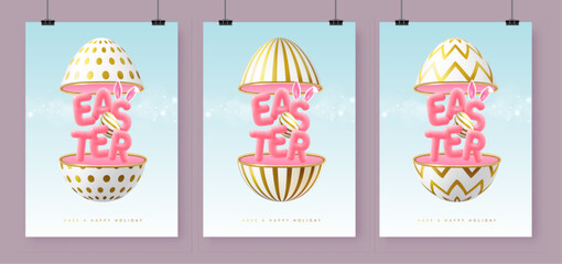 Set of Happy Easter holiday greeting cards, covers or banners with open egg and 3d text inside. Vector illustration