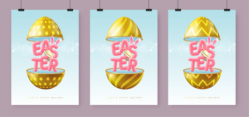 Set of Happy Easter holiday greeting cards, covers or banners with cut out egg and 3d text inside. Vector illustration