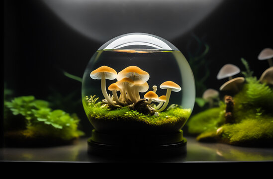 International Day of Biological Diversity. Beautiful round glass aquarium with different kinds of mushrooms on black background - Powered by Adobe