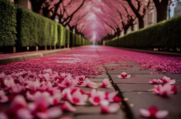 An alley of cherry blossoms with pink petals. soft sunlight