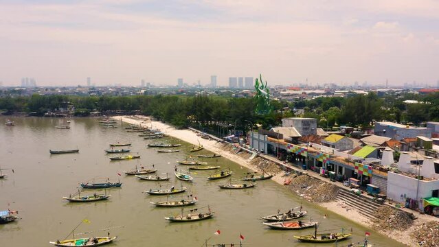 Aerial view of Surabaya coastline with fishing boats