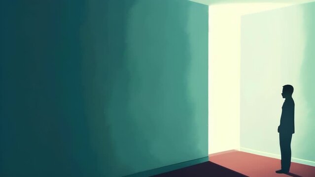 An animation of a person standing in the corner of a room in a fetal position reflecting the feeling of being Psychology art concept. .