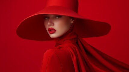 Elegant woman in red with a wide-brimmed hat, embodying fashion and style, perfect for high-fashion, beauty, and luxury themes.