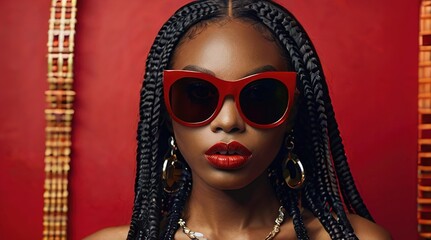High fashion studio portrait of young african american woman with red sunglasses, beautiful makeup, luxury style. Generative AI - obrazy, fototapety, plakaty