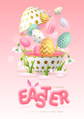 Happy Easter typography background with colorful easter eggs, open egg and 3D text. Greeting card or poster. Vector illustration