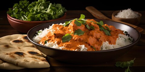 Murgh Makhani, also known as Butter Chicken, is a famous North Indian dish made with tender pieces of chicken cooked in a rich and creamy tomato-based sauce. The sauce is flavored with butter, cream,  - obrazy, fototapety, plakaty