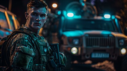 Soldier in combat gear at night near a military vehicle. dramatic and intense atmosphere. ideal for action-themed uses. AI - obrazy, fototapety, plakaty