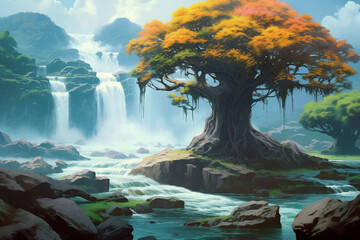 Beautiful big tree and waterfall landscape for background