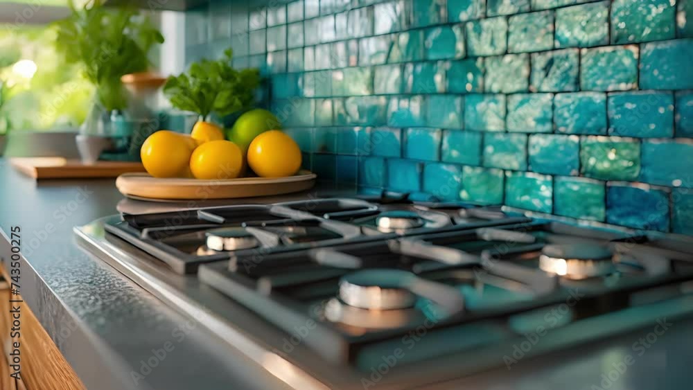 Poster a closeup view of a kitchen backsplash made of shimmering glass tiles in varying shades of green and