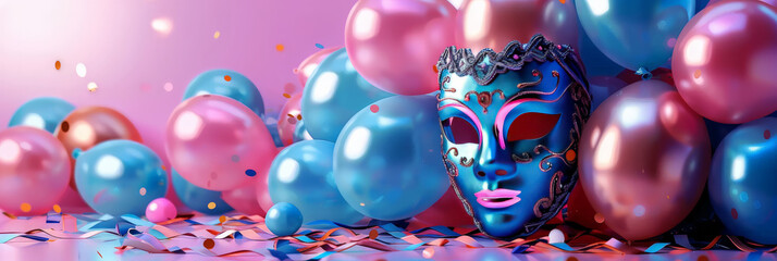 blue and pink mask surrounded by balloons on pink background,  women's day holiday, Valentine's Day, copy space - obrazy, fototapety, plakaty