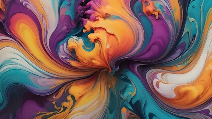 A dynamic close-up of vibrant, swirling colors creating an abstract, fluid art piece with a rich spectrum of hues