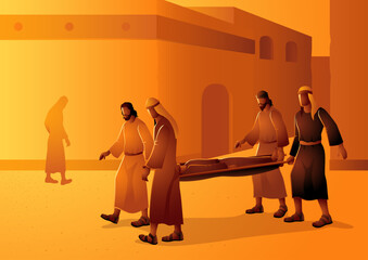 Biblical vector illustration series, biblical scene of four friends carrying a paralyzed man to Jesus