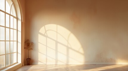 Warm Sunlight Casting Shadows through a Large Arched Window, Serene for Home Decor and Architectural Design