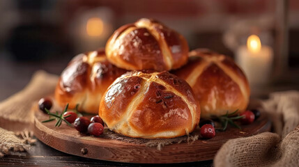 Obraz na płótnie Canvas hot cross buns placed on top of a wooden table with cranberries,